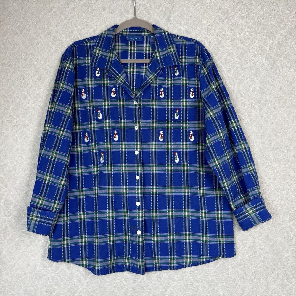 Vtg Holiday Button Up Shirt Womens L Blue Plaid Embroidered Snowman Christmas